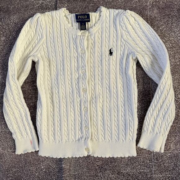 Girl's Polo Ralph Lauren White Cable Knit Button Up Cardigan Light Sweater Sz 6 - Picture 1 of 4